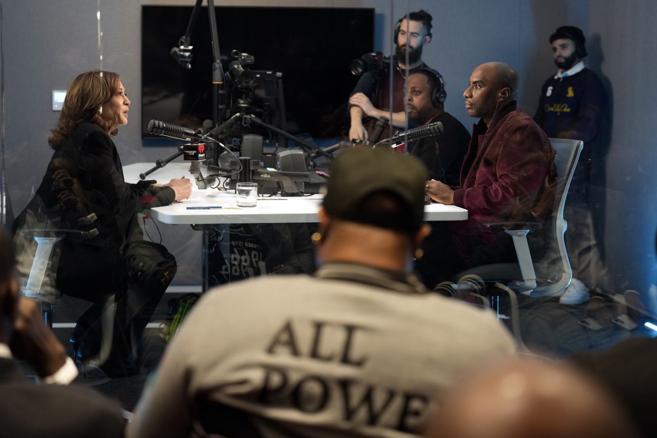 Vice President Kamala Harris participates in an interview with Charlamagne Tha God, co-host of iHeartMedia's morning show The Breakfast Club, in Detroit, Tuesday, October 15.