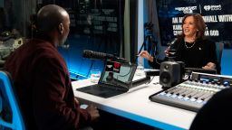 Vice President Kamala Harris talks to Charlamagne Tha God, co-host of "The Breakfast Club," in Detroit on October 15, 2024.