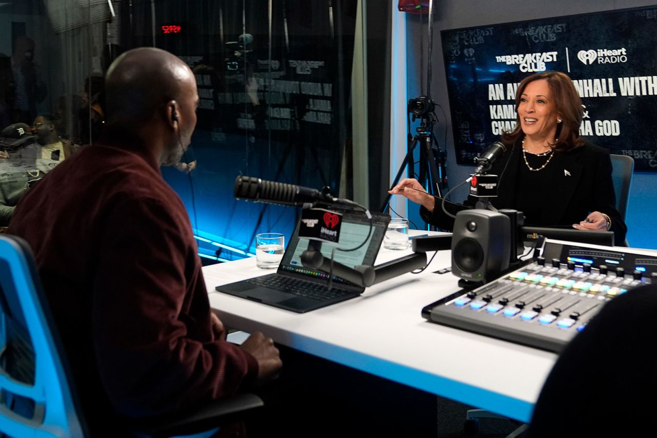 Vice President Kamala Harris participates in an interview with Charlamagne Tha God, co-host of iHeartMedia's morning show The Breakfast Club, in Detroit, Tuesday, October 15.