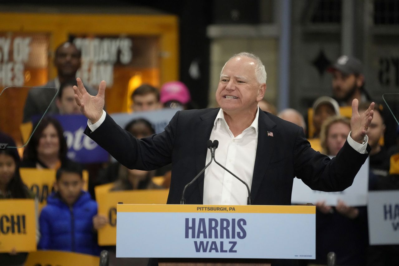 Minnesota Gov. Tim Walz speaks at a campaign event at Acrisure Stadium, Tuesday, October 15, in Pittsburgh.