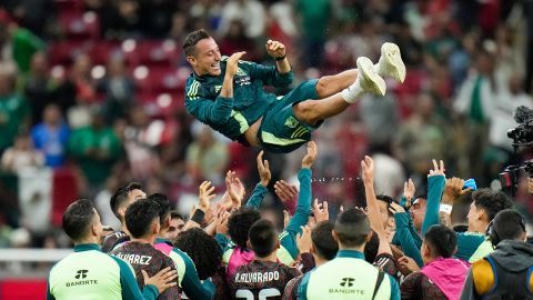 Mexico's Andrés Guardado is thrown in the air by his teammates after an international friendly soccer match against the United States at Akron Stadium in Guadalajara, Mexico, on October 15, 2024.