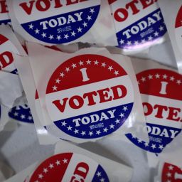 "I voted" stickers are seen in the Polk County Election Office during early voting, Wednesday, Oct. 16, 2024, in Des Moines, Iowa.