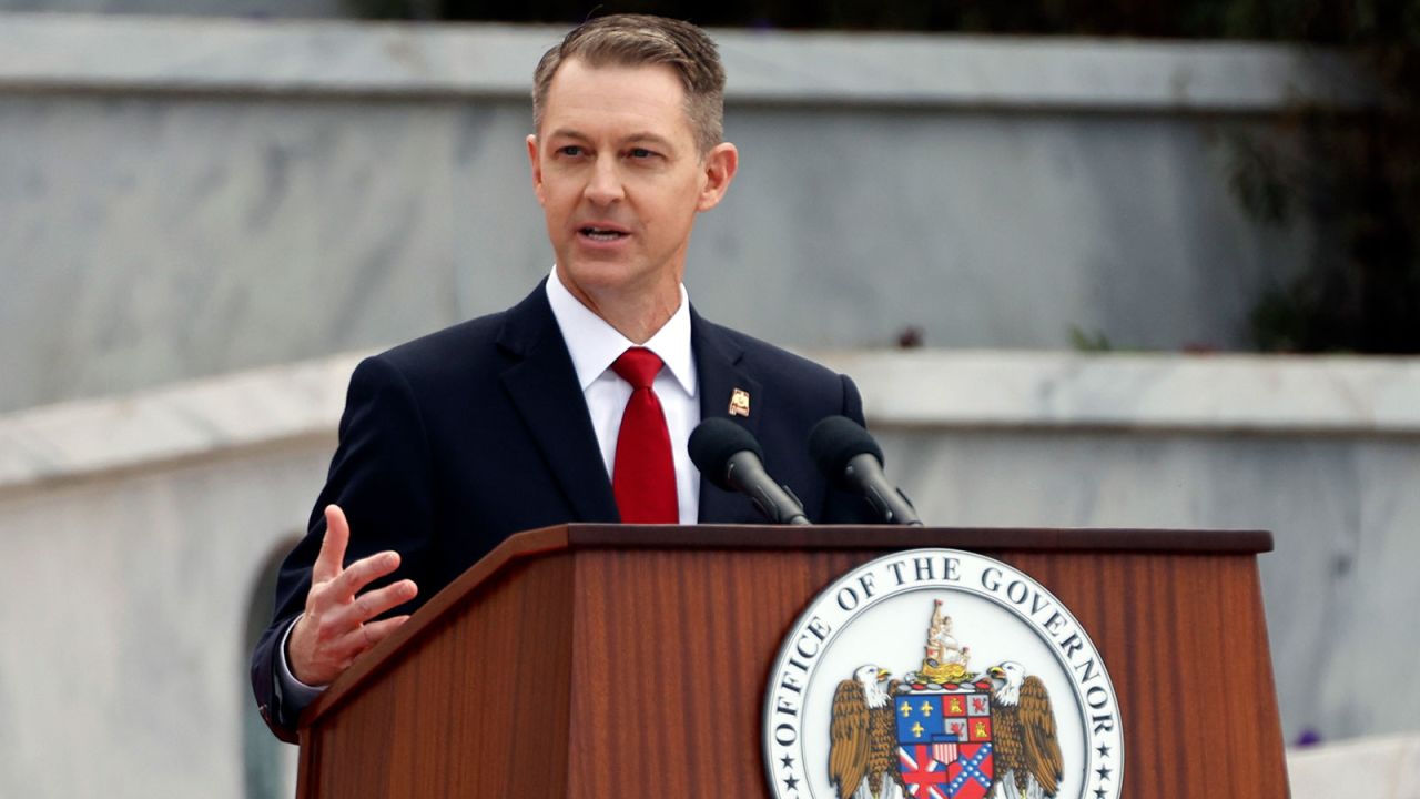 In this January 2023 photo, Alabama Secretary of State Wes Allen speaks during the inauguration ceremony on the steps of the Alabama State Capital in Montgomery, Alabama.