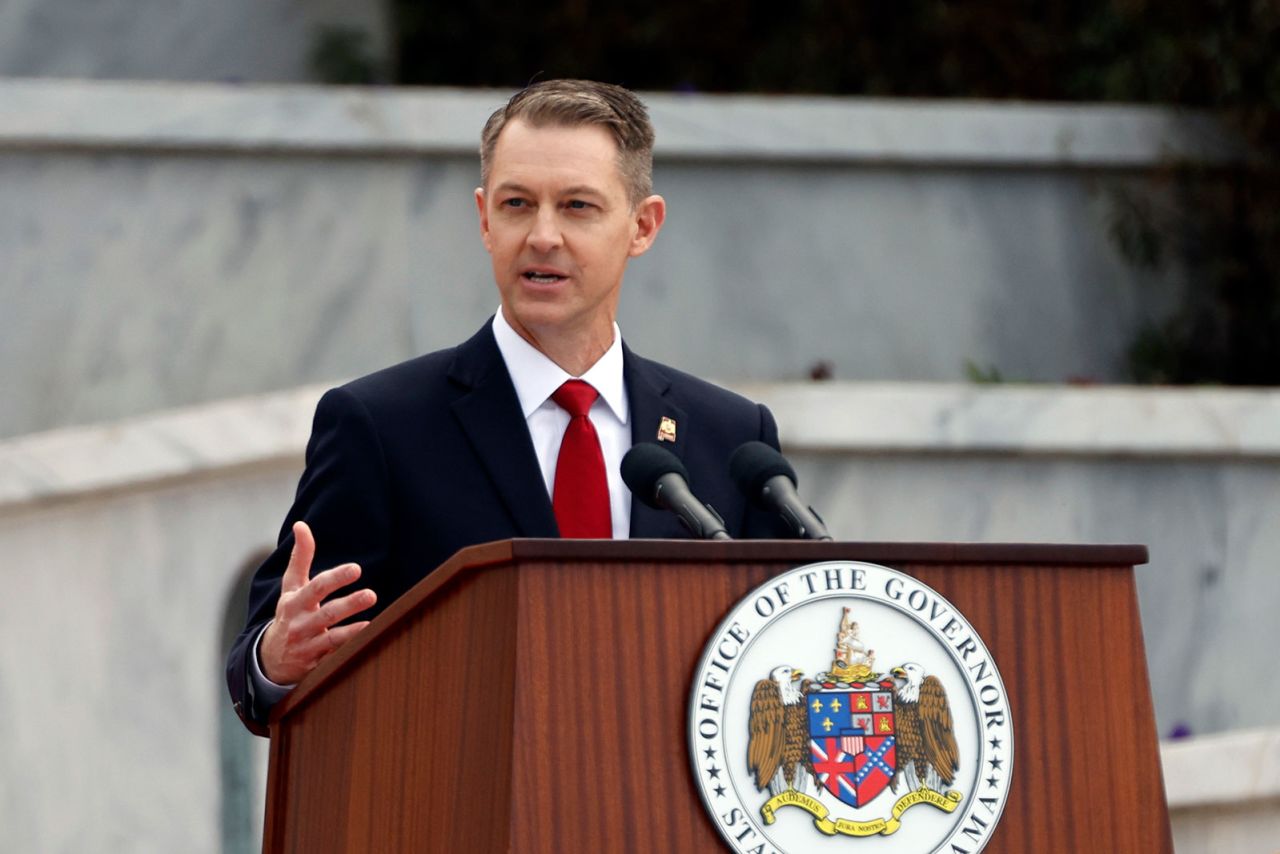 In this January 2023 photo, Alabama Secretary of State Wes Allen speaks during the inauguration ceremony on the steps of the Alabama State Capital in Montgomery, Alabama.