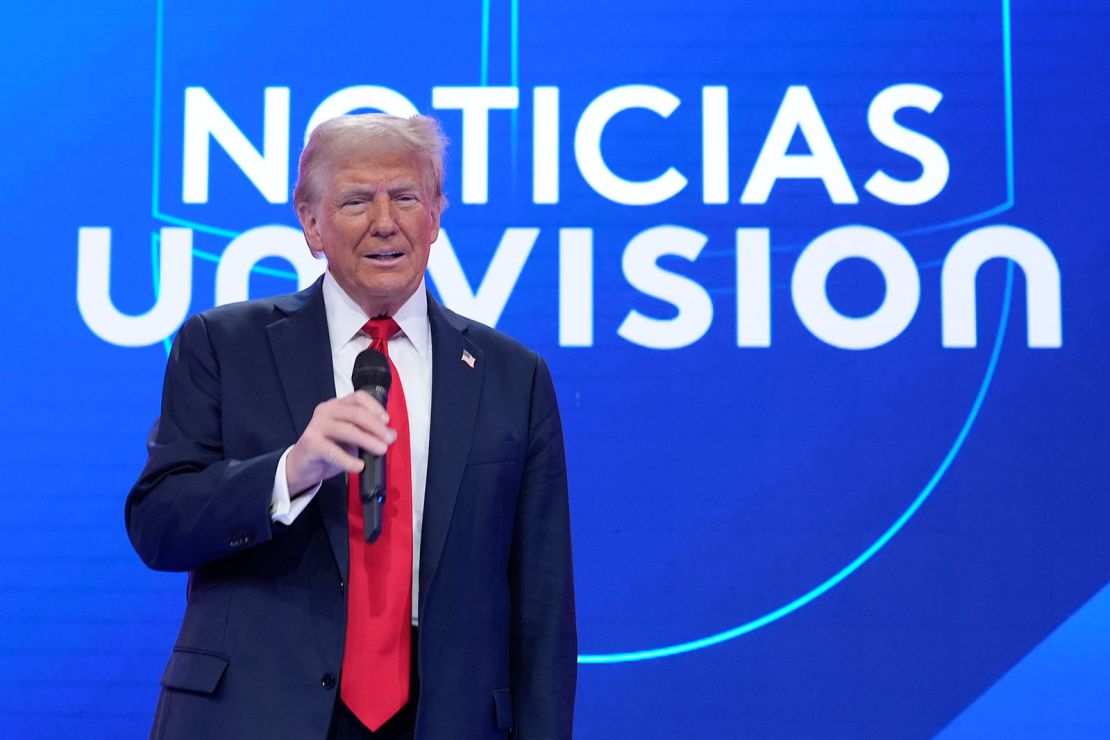 Former President Donald Trump speaks during a Univision town hall on October 16, 2024 in Doral, Florida.