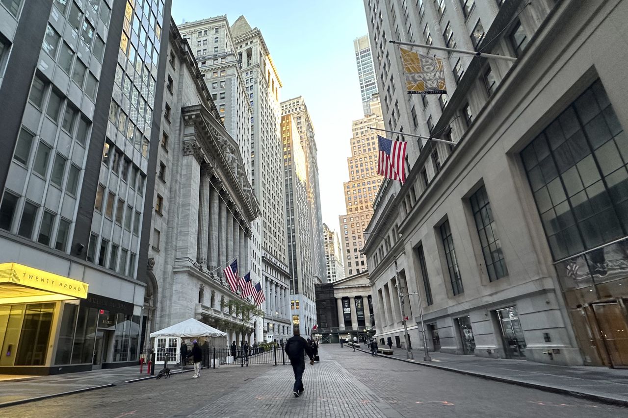 American flags hang from the New York Stock Exchange on October 16.