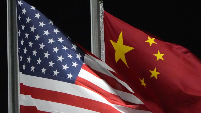 The American and Chinese flags wave at Genting Snow Park on February 2, 2022, in Zhangjiakou, China.