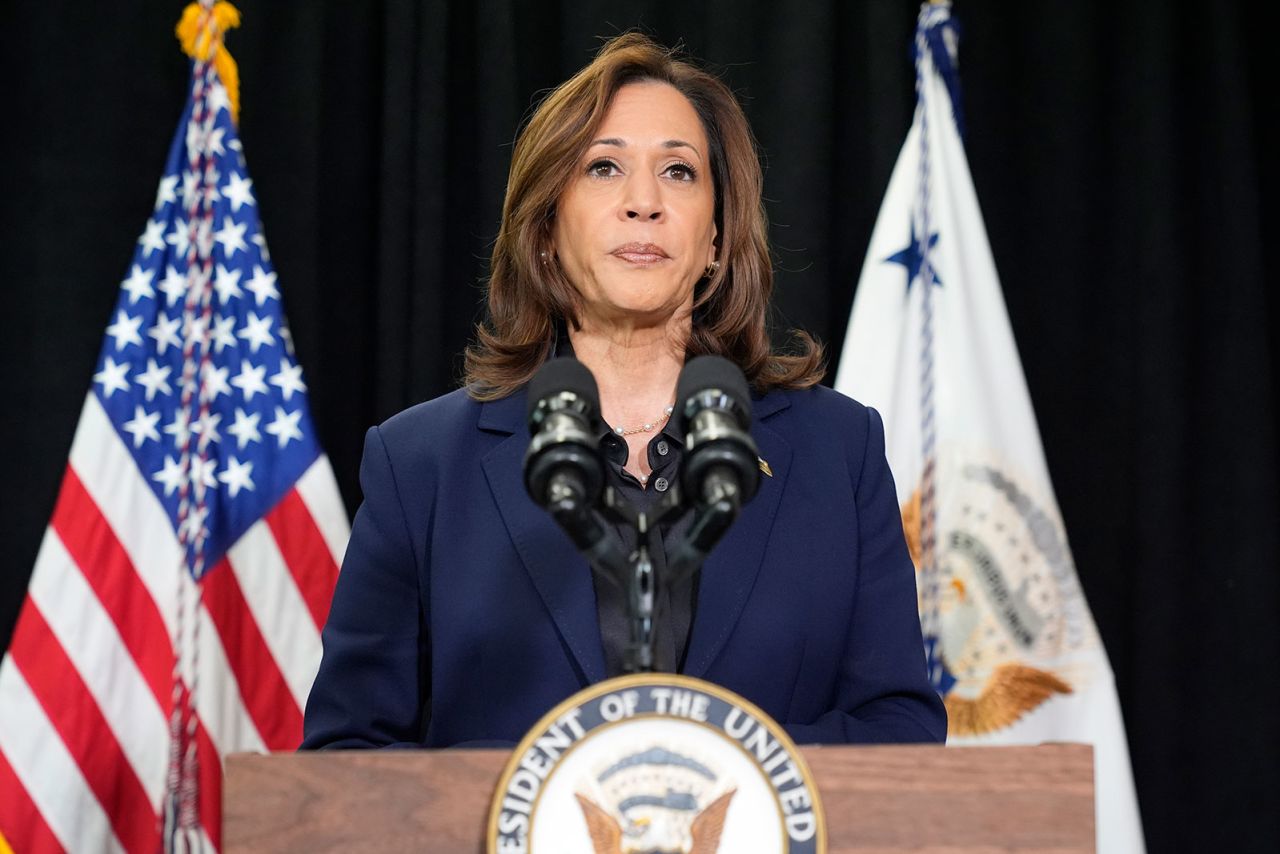 Vice President Kamala Harris speaks about the killing of Hamas' top leader Yahya Sinwar in a battle with Israeli forces in Gaza, on Thursday, October 17, following a campaign rally at the University of Wisconsin Milwaukee.