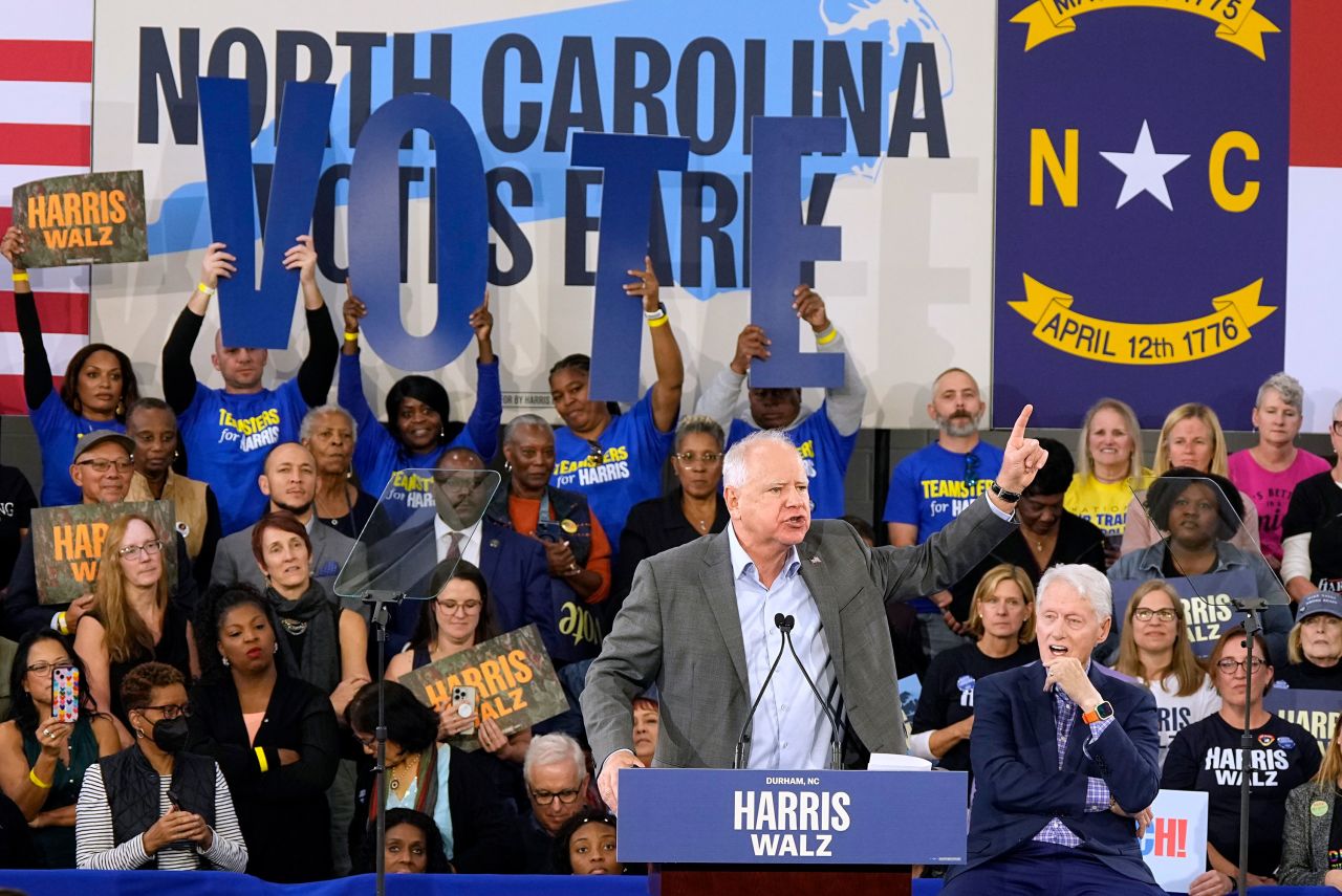 Minnesota Gov. Tim Walz speaks at a campaign rally in Durham, North Carolina, on Thursday.