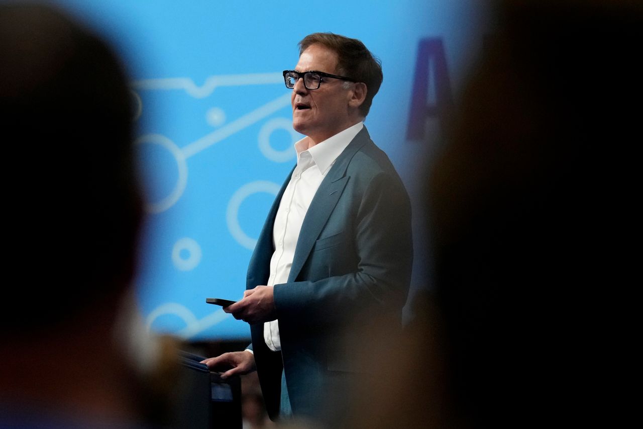 Mark Cuban speaks at a campaign rally for Vice President Kamala Harris in La Crosse, Wisconsin, on October 17.