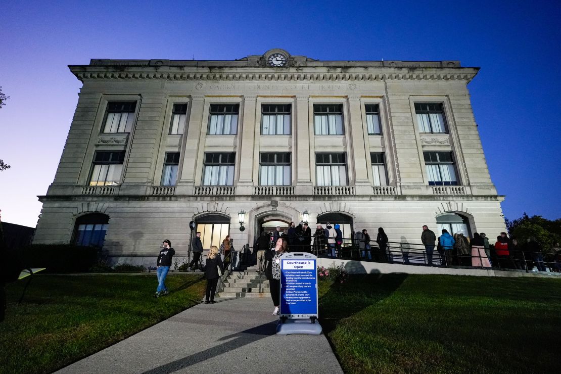 Spectators line up to enter the Carroll County Courthouse for the trial of Richard Allen on October 18, 2024.