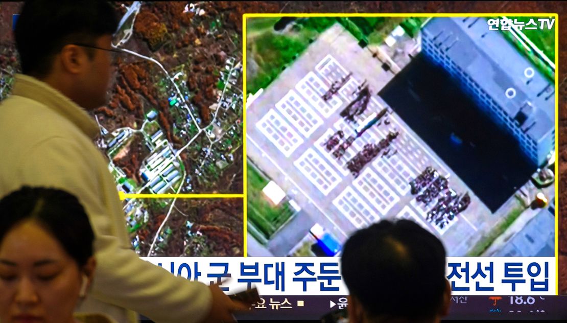 A news broadcast in Seoul, South Korea, showing a Russian military facility reportedly used as a training ground for North Korean troops sent to assist in the war against Ukraine.