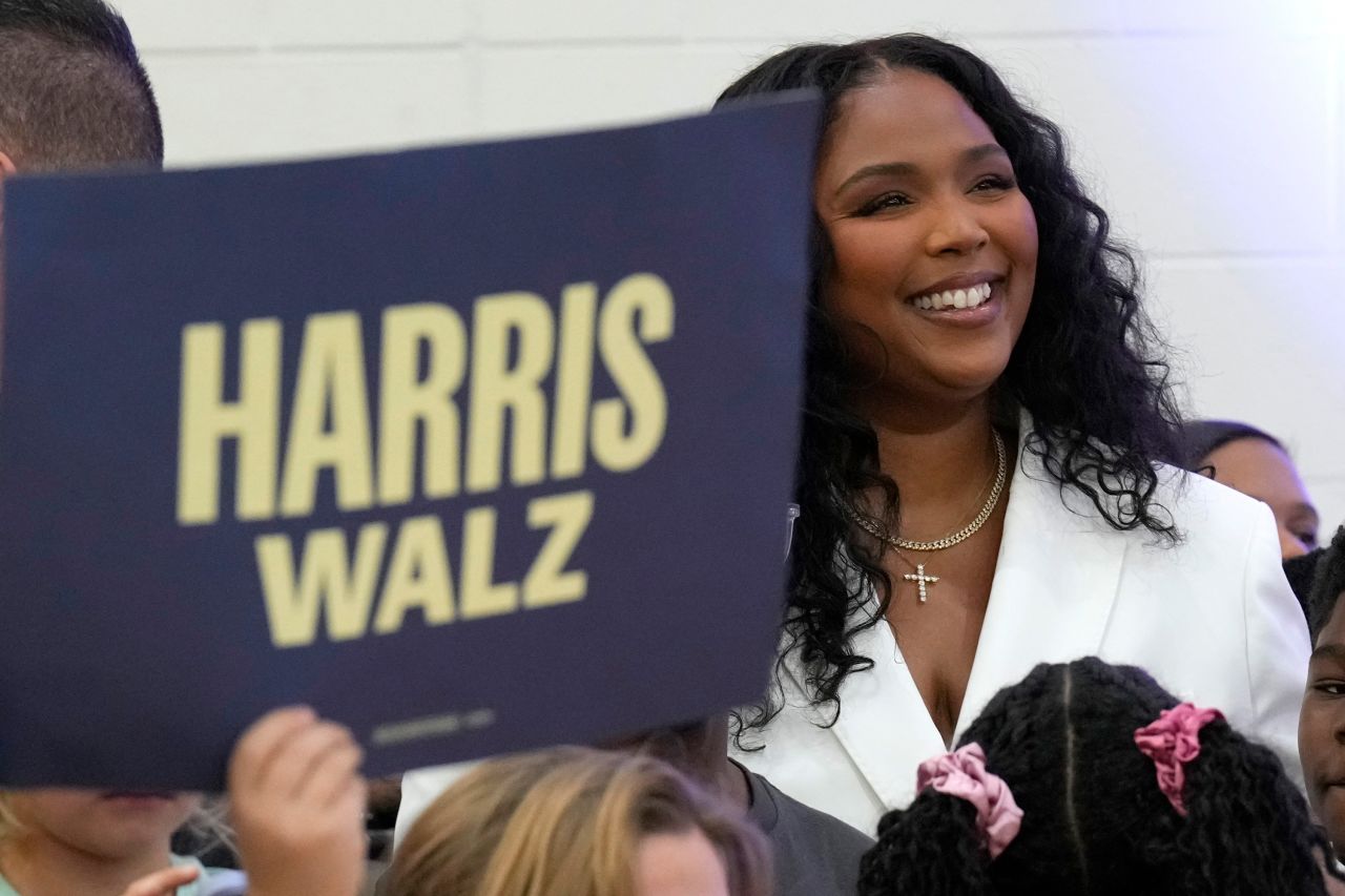 Lizzo attends a campaign event for Democratic presidential nominee and Vice President Kamala Harris at Western International High School in Detroit, on October 19.