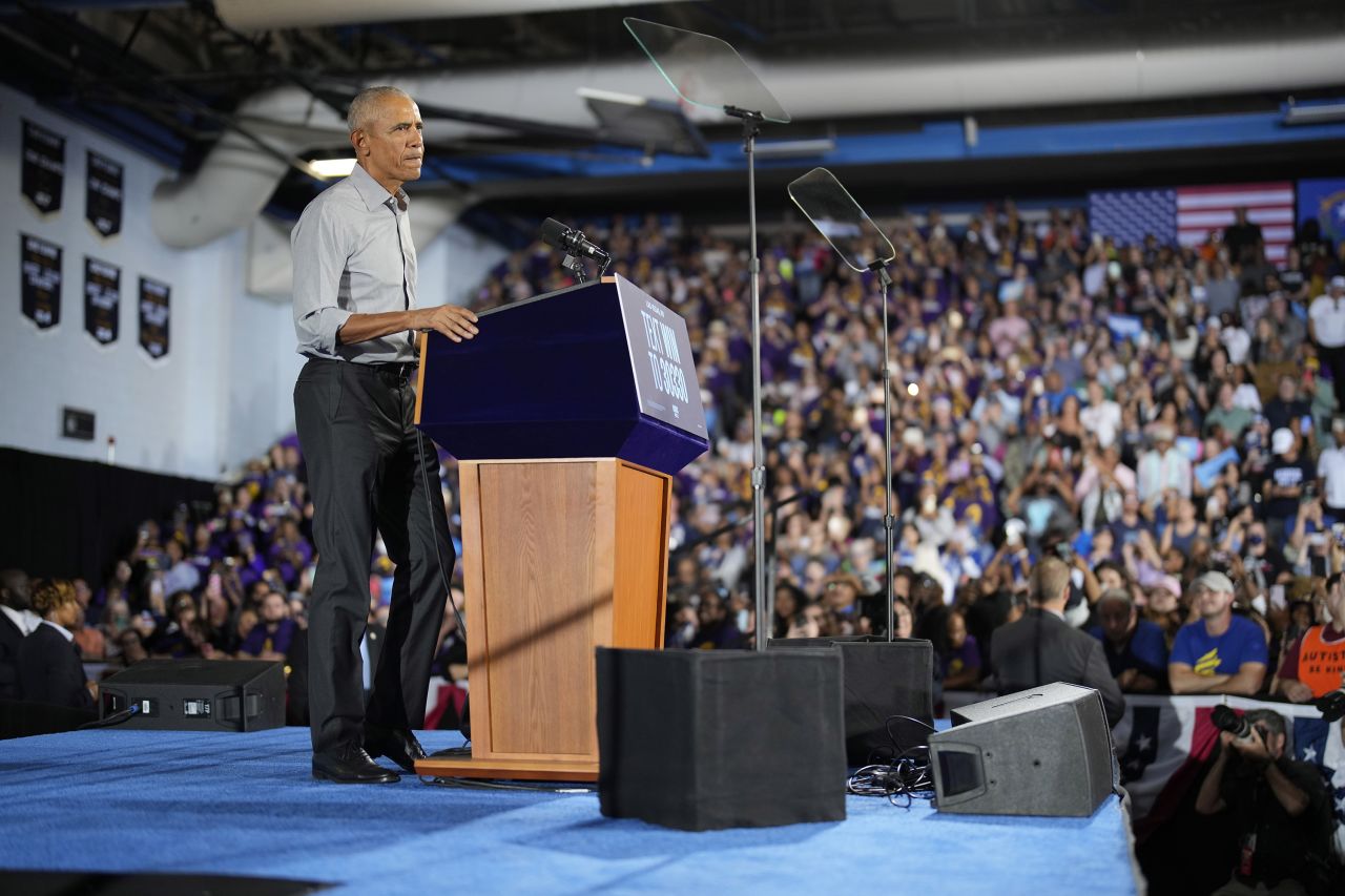 Former President Barack Obama speaks during a campaign rally in support of Vice President Kamala Harris in North Las Vegas on October 19.