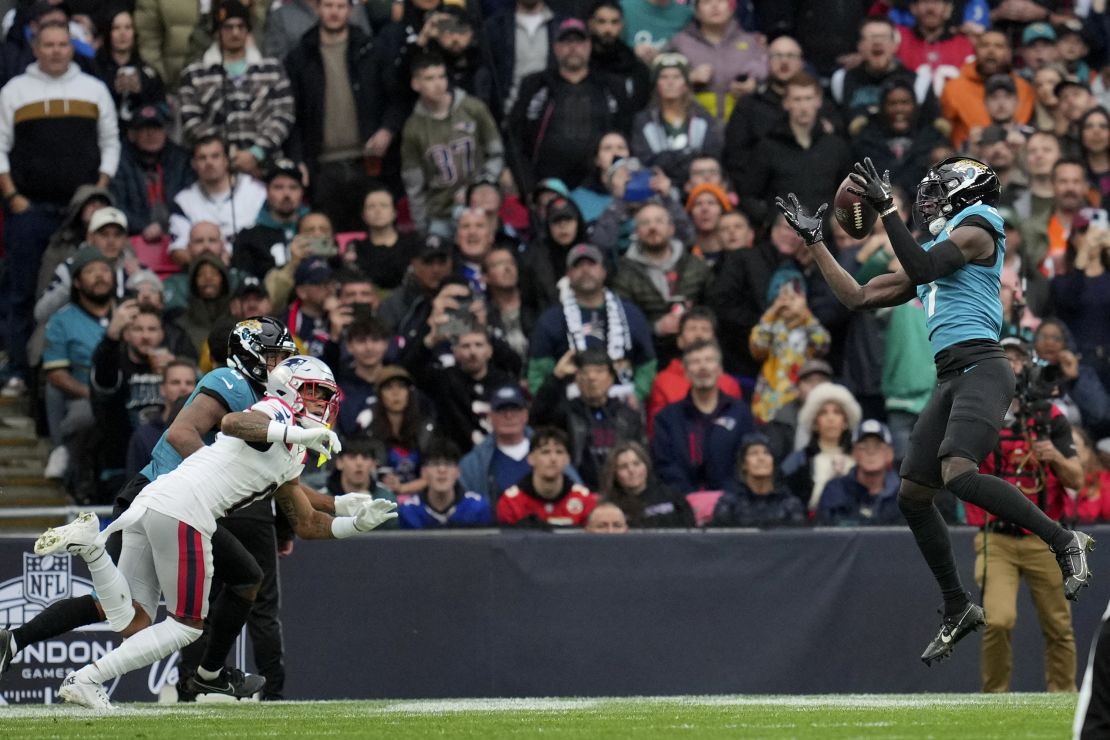 Jacksonville Jaguars wide receiver Brian Thomas Jr. catches a 6-yard pass for a touchdown.