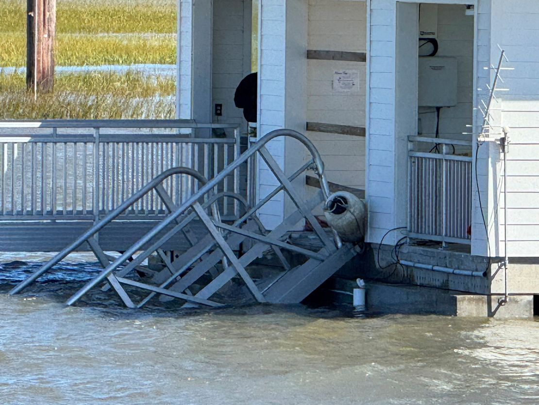 A portion of the gangway that collapsed Saturday afternoon remains visible on Sapelo Island in McIntosh County, Georgia, on October 20, 2024.