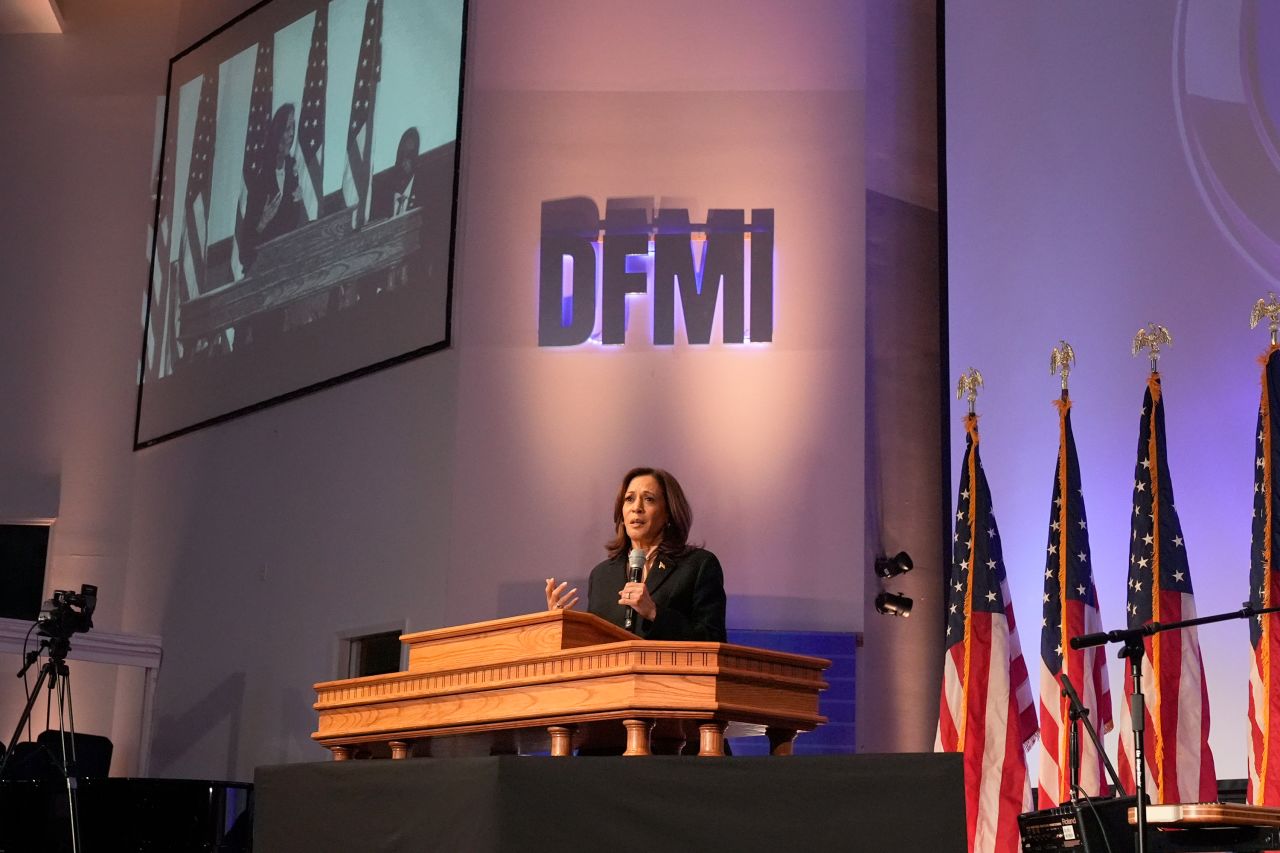 Vice President Kamala Harris speaks during a church service and early vote event at Divine Faith Ministries International on October 20, in Jonesboro, Ga.