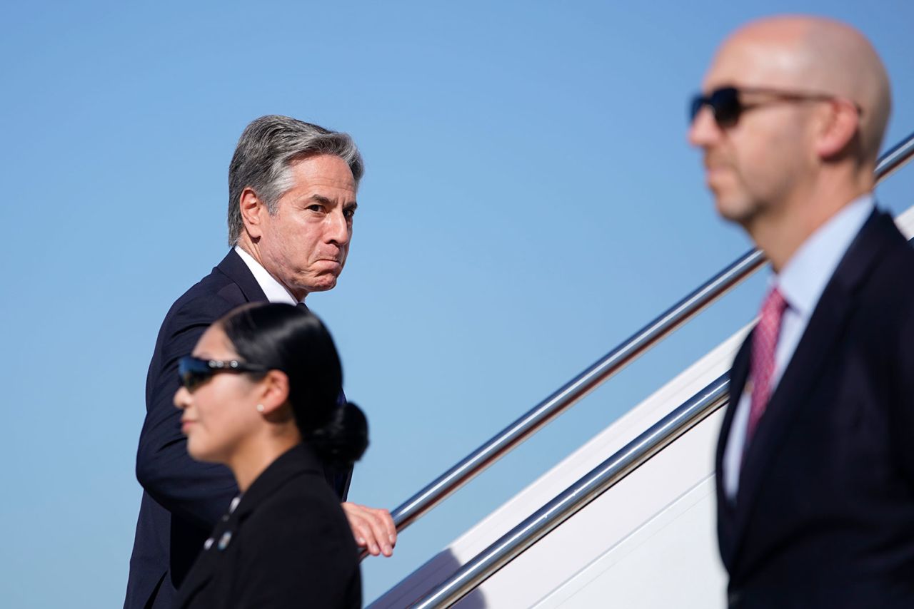 Secretary of State Antony Blinken walks to board a plane en route to the Middle East as he departs Joint Base Andrews in Maryland, on Monday, October 2.