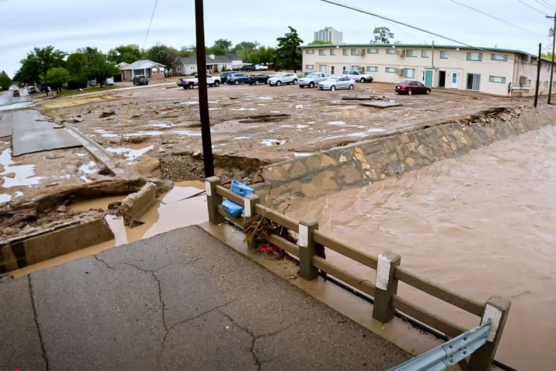 In this image taken from video, debris and damage and are seen from severe flooding in Roswell, New Mexico, Sunday, Oct. 20, 2024.