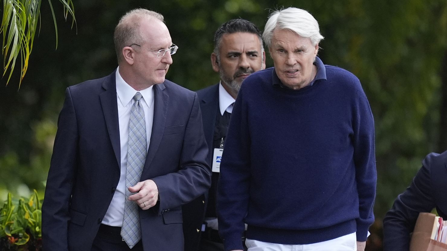 Michael Jeffries, right, former CEO of Abercrombie & Fitch, leaves with his attorney Brian Bieber following a hearing at the Paul G. Rogers Federal Building and US Courthouse, in West Palm Beach, Florida, Tuesday, October 22, 2024.