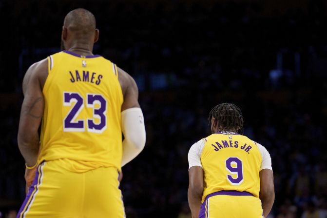 James and his son Bronny play together briefly during the Lakers' season opener in October 2024. They are <a href="https://www.cnn.com/2024/10/22/sport/lebron-bronny-james-los-angeles-lakers-history-spt-intl/index.html">the first father-son duo to appear together in an NBA game</a>.