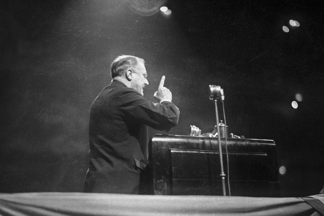 President Franklin Roosevelt delivers a campaign speech at Madison Square Garden in New York City on October 31, 1936.