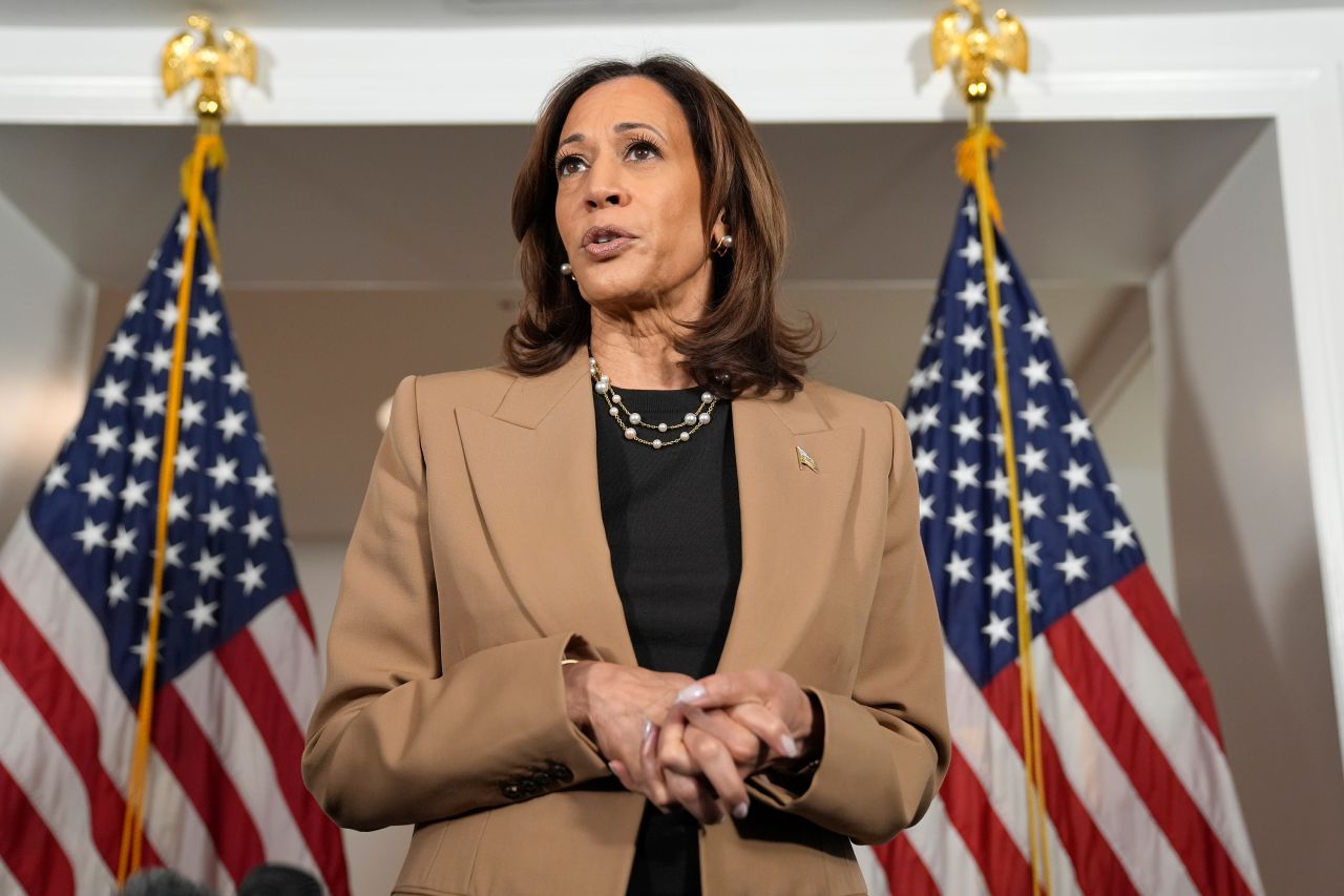 Vice President Kamala Harris speaks to reporters in Philadelphia on October 24.