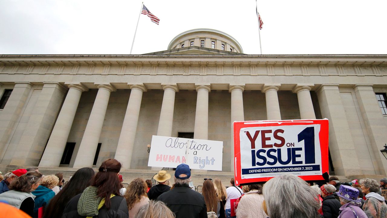 Supporters of Issue 1 attend a rally for the Right to Reproductive Freedom amendment held by Ohioans United for Reproductive Rights at the Ohio State House in Columbus, Ohio, October 8, 2023.