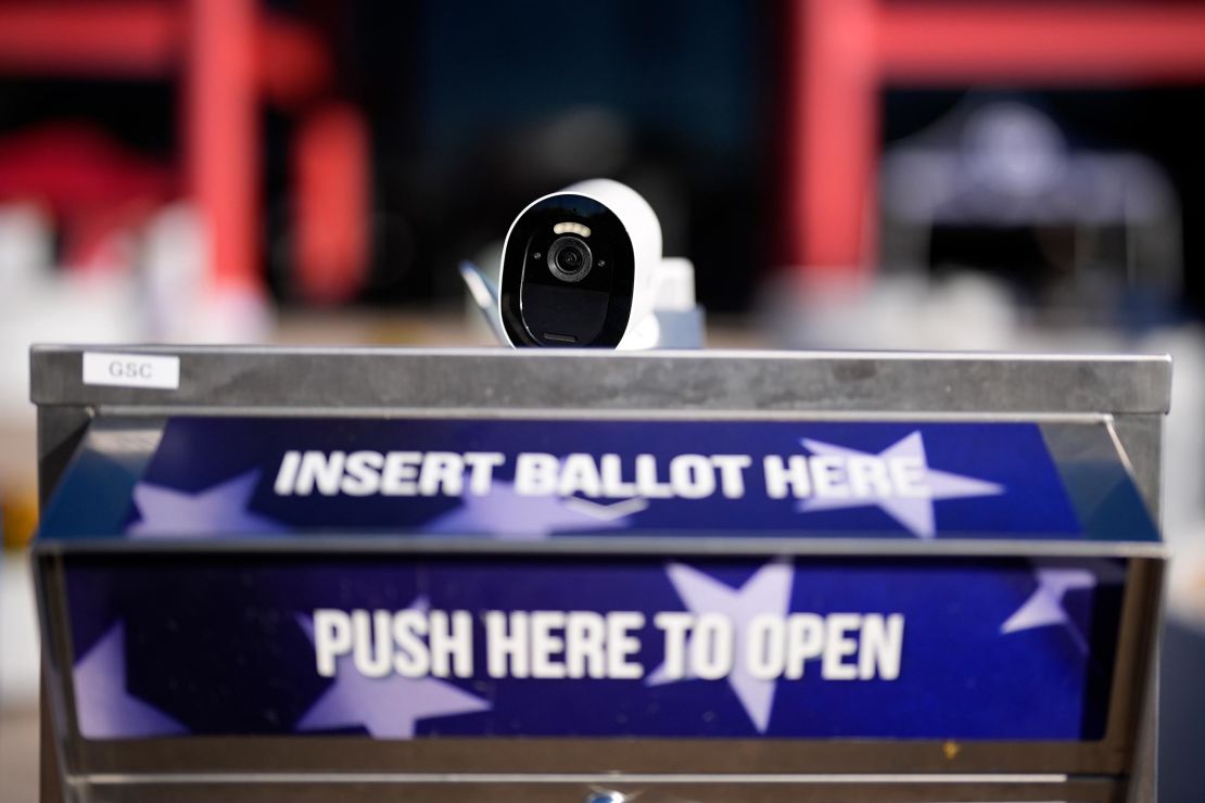 A security camera watches over a mail-in ballot drop box outside the Chester County Government Services Center ahead of the US general election.