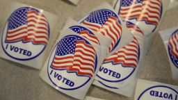 Stickers are seen at a Voter Services satellite office at the Chester County Government Services Center ahead of the 2024 General Election in the United States, Friday, Oct. 25, 2024, in West Chester, Pa. (AP Photo/Matt Slocum)