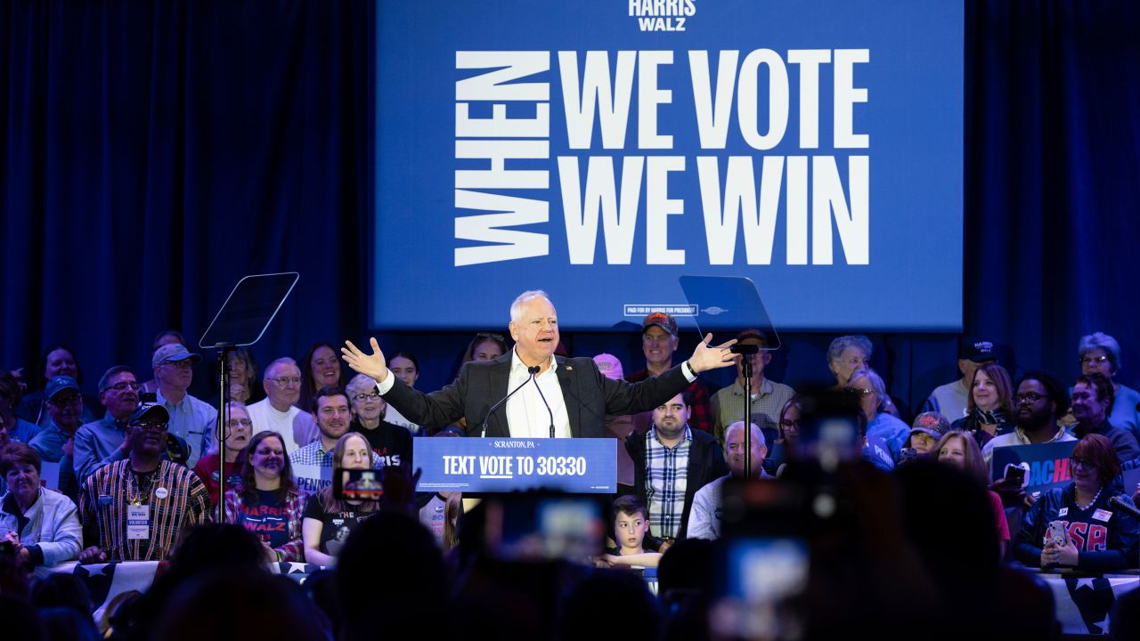 Governor Tim Walz, Democratic Party nominee for Vice President speaks in Scranton, Pennsylvania, on October 25.