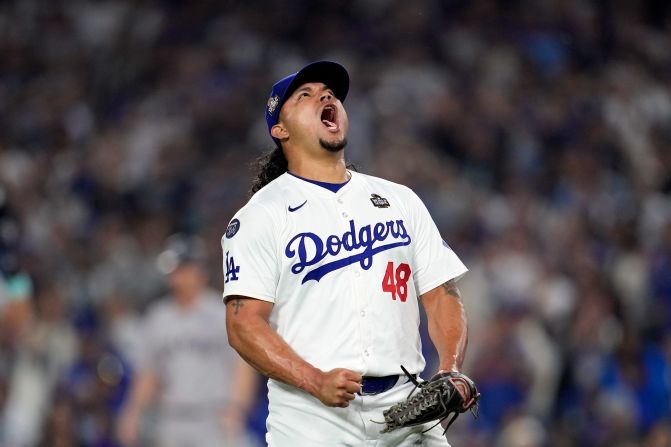 Dodgers pitcher Brusdar Graterol reacts after striking out Giancarlo Stanton of the Yankees during the seventh inning of Game 1.