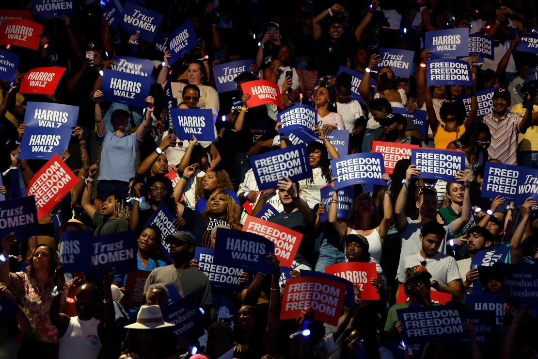 Attendees hold signs at the Harris rally in Houston on October 25, 2024,.