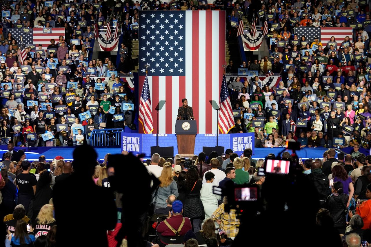 Former first lady Michelle Obama speaks at a campaign rally for Vice President Kamala Harris in Kalamazoo, Michigan, on Saturday.