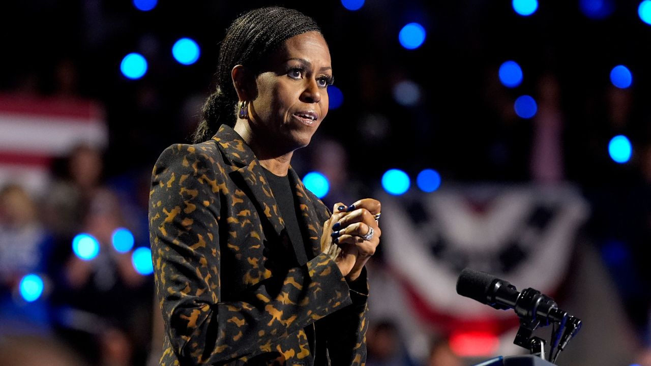 Former first lady Michelle Obama speaks at a campaign rally for democratic presidential nominee Vice President Kamala Harris at the Wings Event Center, in Kalamazoo, Mich., Saturday, Oct. 26, 2024.(AP Photo/Jacquelyn Martin)