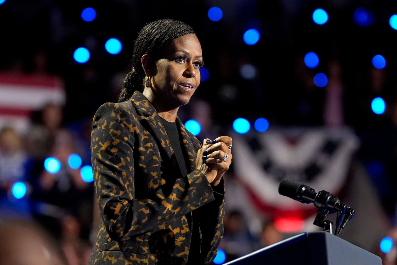 Former first lady Michelle Obama speaks at a campaign rally for Vice President Kamala Harris in Kalamazoo, Michigan on Saturday.
