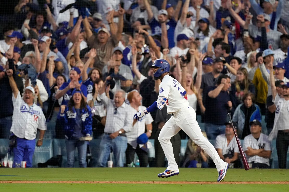 Teoscar Hernández of the Los Angeles Dodgers looks at his two-run home run in Game 2.