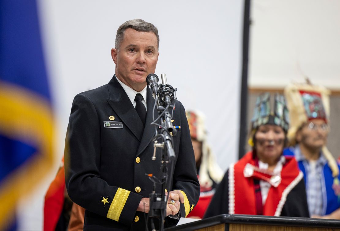 U.S. Navy Rear Adm. Mark B. Sucato speaks during a Navy ceremony Saturday, Oct. 26, 2024, in Angoon, Alaska, to apologize for the 1882 military bombardment of a Tlingit village in Angoon .