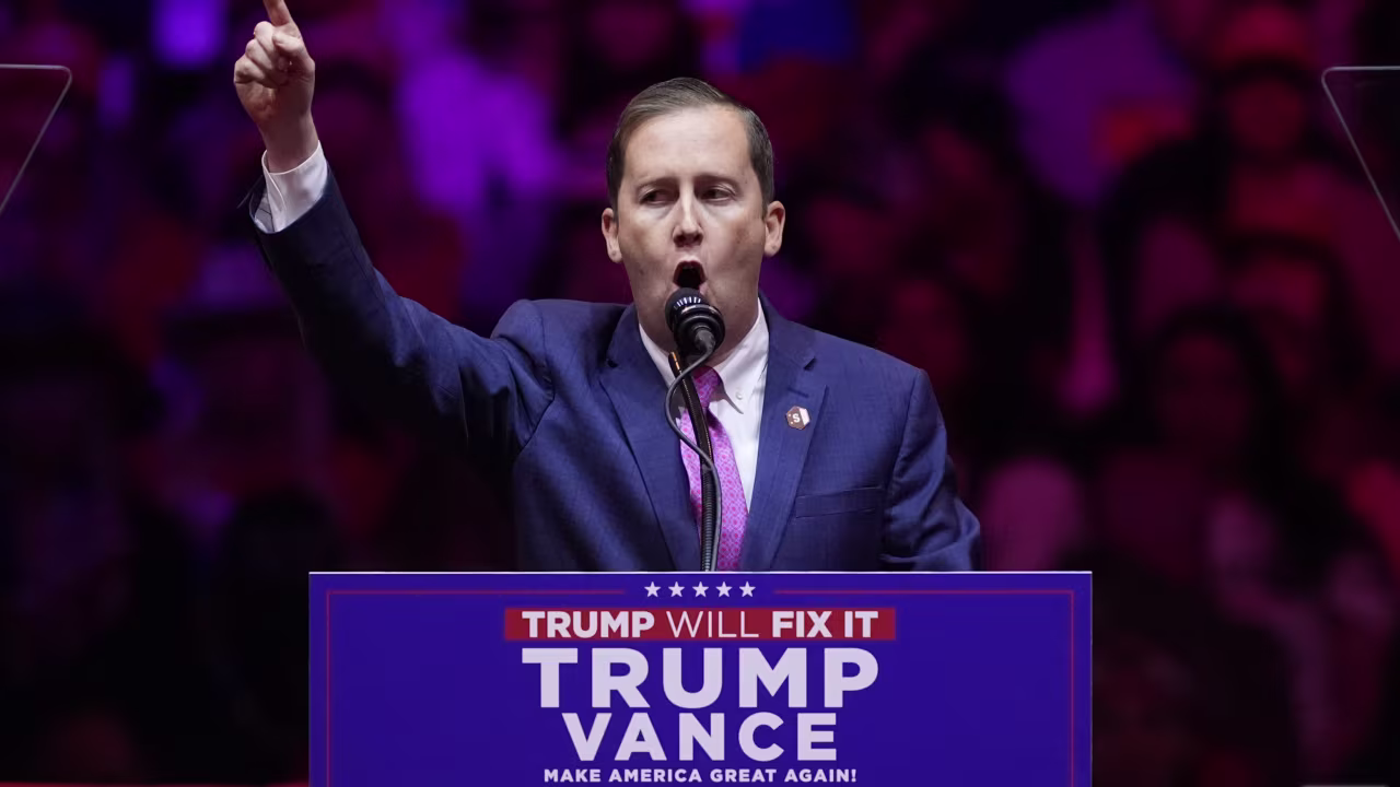 Sergio Gor speaks at a campaign rally at Madison Square Garden, Sunday, October 27, in New York.