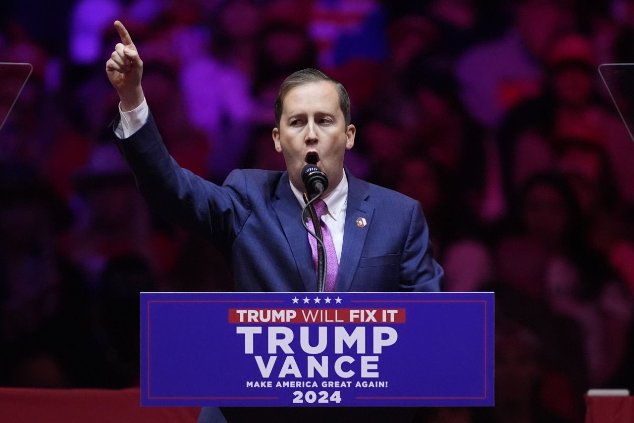 Sergio Gor speaks at a campaign rally at Madison Square Garden, Sunday, October 27, in New York.