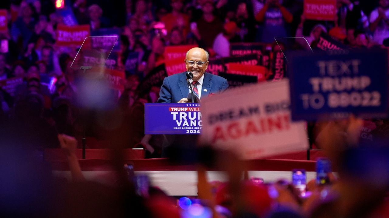 Rudy Giuliani speaks before Republican presidential nominee former President Donald Trump at a campaign rally at Madison Square Garden, Sunday, Oct. 27, 2024, in New York. (AP Photo/Alex Brandon)