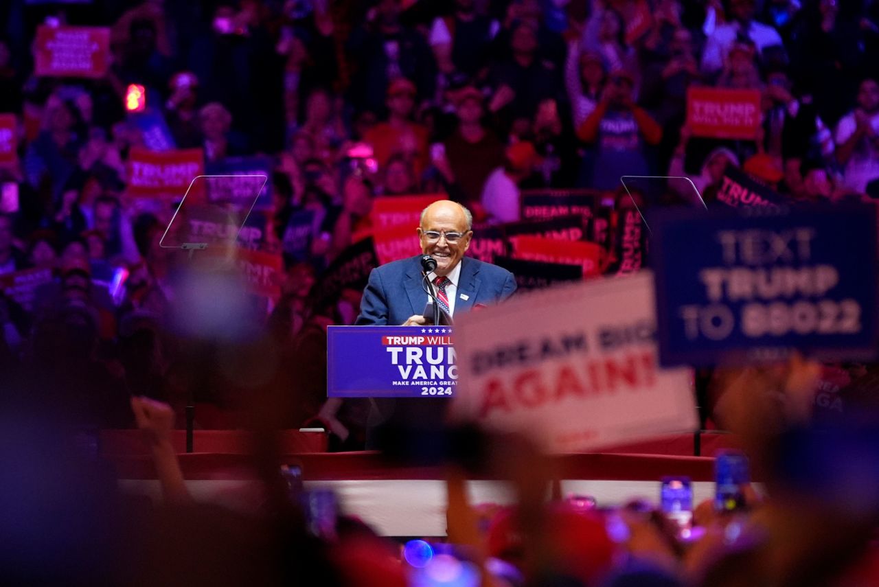 Former New York Mayor Rudy Giuliani speaks at a rally for former President Donald Trump at Madison Square Garden in New York on Sunday.