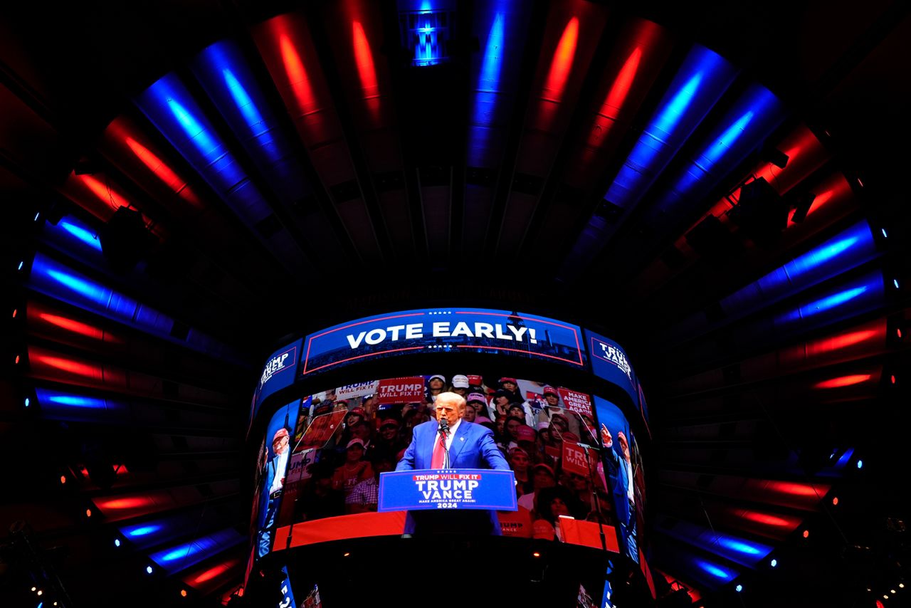 Republican presidential nominee former President Donald Trump speaks at a campaign rally at Madison Square Garden, in New York on October 27.