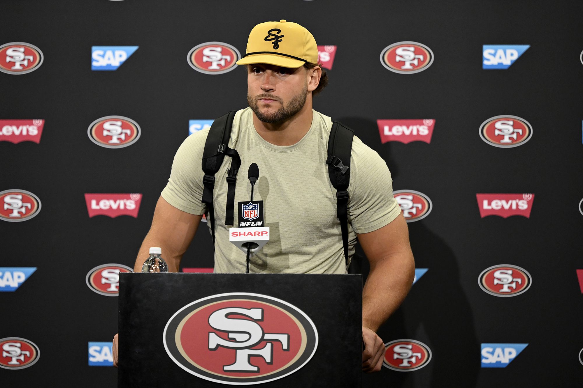 Nick Bosa: 49ers lineman crashes teammates' interview to show support for  Donald Trump with MAGA hat | CNN