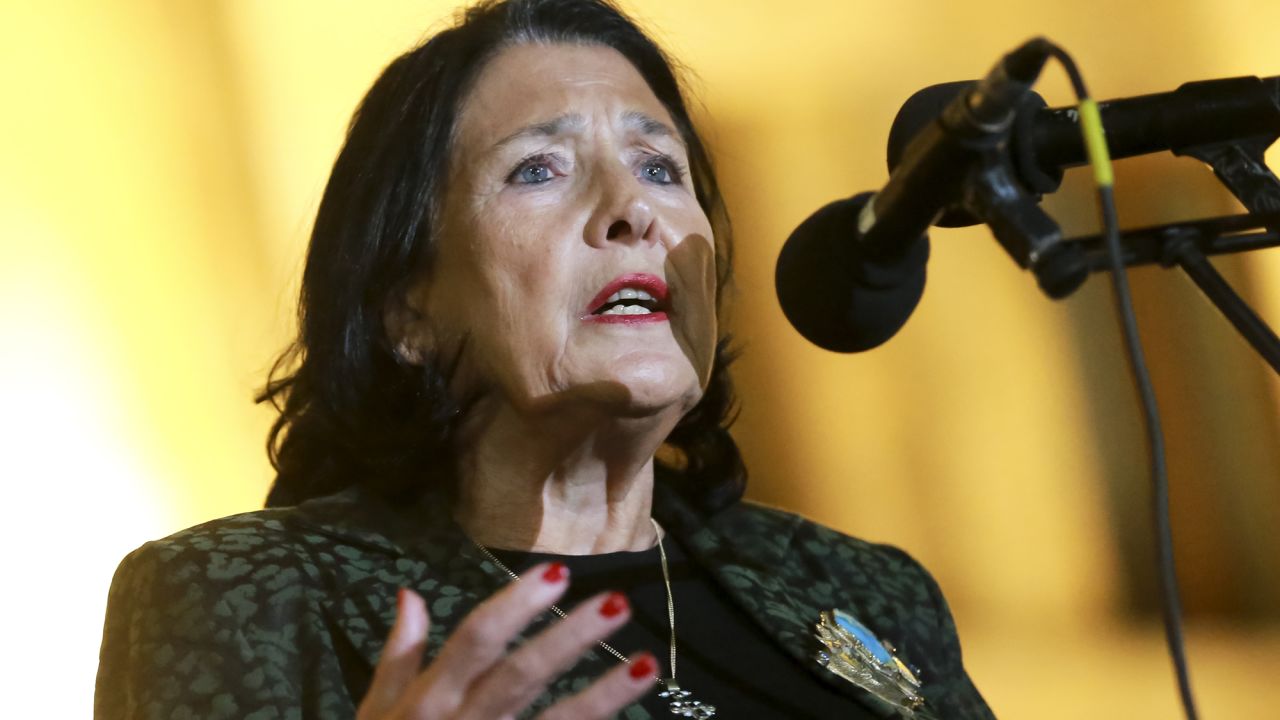 Georgian President Salome Zourabichvili speaks to a crowd during an opposition protest against the results of the parliamentary election in Tbilisi, Georgia, Monday, Oct. 28, 2024.