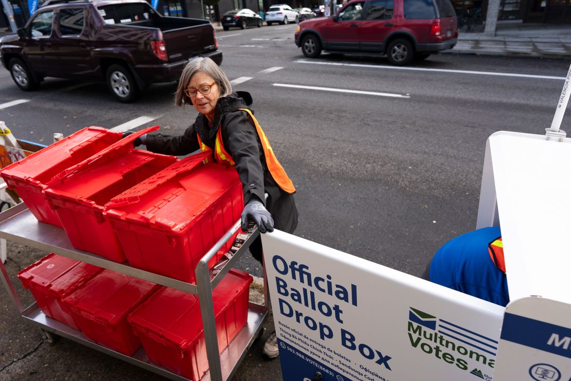 Election workers collect ballots from a newly placed ballot drop box outside the Multnomah County Elections Division office on Monday, Oct. 28, 2024, in Portland, Oregon.