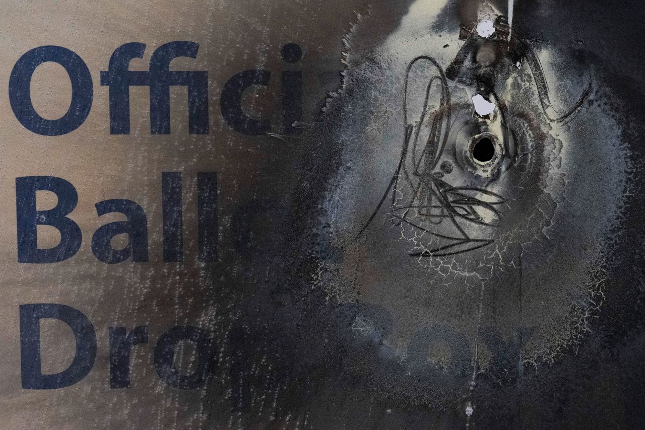 A damaged ballot drop box is displayed during a news conference at the Multnomah County Elections Division office in Portland, Oregon, on October 28, 2024.