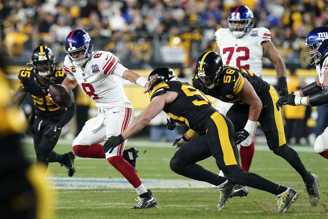 Watt's (No. 90) fourth-quarter recovery from Giants quarterback Jones (No. 8) dented New York's hopes of a comeback.