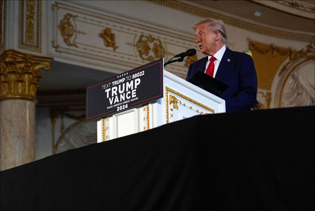 Former President Donald Trump speaks at Mar-a-Lago in Palm Beach, Florida, on Tuesday.