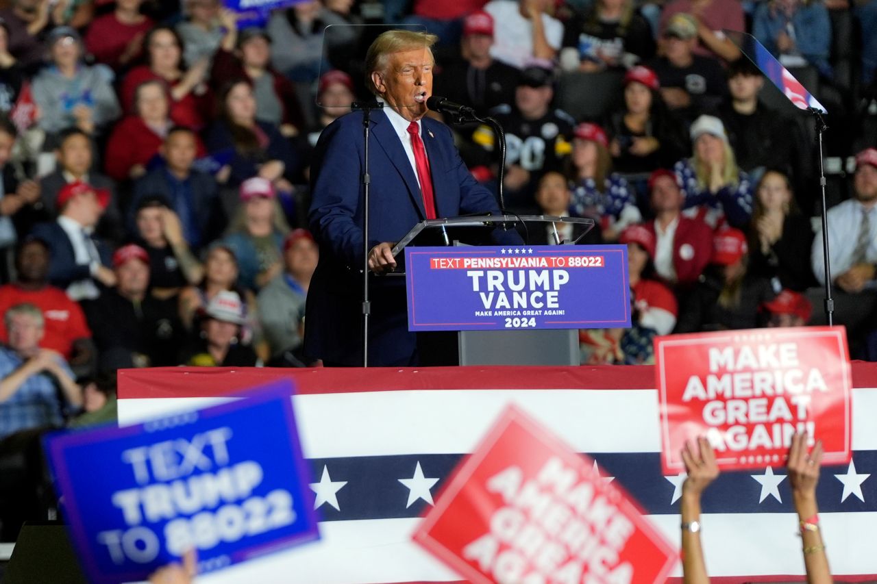 Republican presidential nominee former President Donald Trump speaks at a campaign rally in Allentown, Pennsylvania, on October 29.